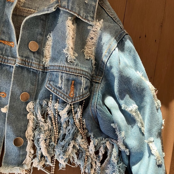 Hot and Delicious Cropped Jean Jacket with Rhinestones - Picture 3 of 11